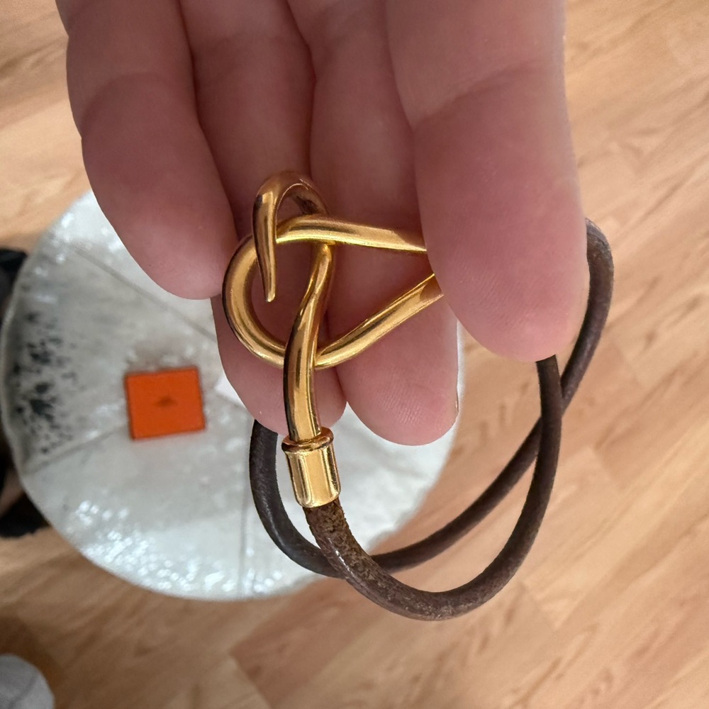 Hermes Gold Hook Brown Leather Bracelet